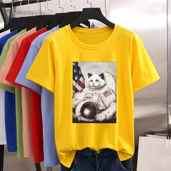 Mielas Plius Dydis 2020 Streetwear T-shirt Naujus Marškinėlius Moterims Punk Asmenybės Maža balta Katė yra Kosmonautas Grafinis Hipster Marškinėlius