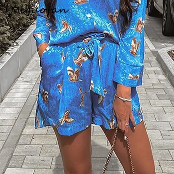 Miguofan moterų šortai aukštos juosmens blue bird spausdinti raišteliu haremas plius dydis atsitiktinis kelnės za 2020 metų vasaros homewear elegantiškos kelnės