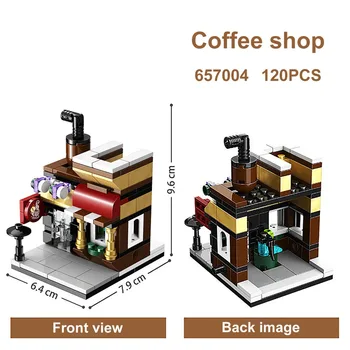 Mini Miesto Gatvės Serijos Modelio Blokai Maisto Saldainiai Kava Gėlių Parduotuvė Švietimo Duomenys Plytos