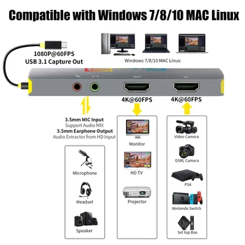 MiraBox 4K Užfiksuoti Kortelės, USB3.0 /Tipas-C Video Capture Card su 4K Loopout ir Garso įvesties/išvesties už PS5 Live Stream