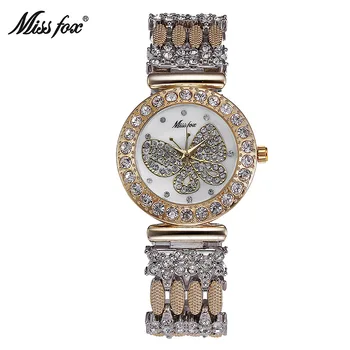 MISSFOX Drugelis Moterų Laikrodžiai Prabangos Prekės Big Diamond 18K Aukso laikrodis atsparus Vandeniui Specialią Apyrankę Brangios Ponios Riešo Žiūrėti