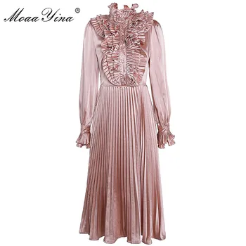 MoaaYina Mados Dizaineris suknelė Pavasarį, Rudenį Moterų Suknelė ilgomis rankovėmis Raukiniai Plonas, Elegantiškas Plisuotos Suknelės