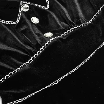 MoaaYina Mados Dizaineris suknelė Rudenį Moterų Suknelė turn-žemyn apykaklės ilgomis rankovėmis Kristalų Mygtukai Aksomo Suknelės