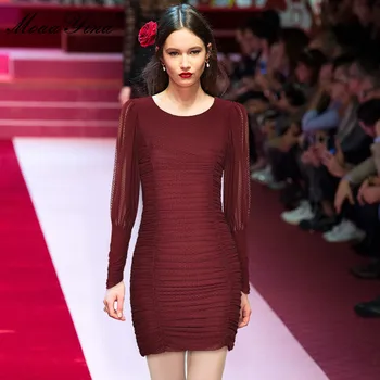 MoaaYina Mados Dizaineris suknelė Rudenį Moterų Suknelė Žibintų Sleeve Ruched Slim Paketą, sėdmenų Suknelė