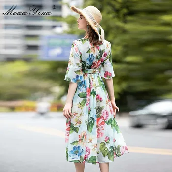 MoaaYina Mados Dizaineris suknelė Vasaros Moterų Nėrinių Suknelė su V-kaklo Gėlių Spausdinti Atostogų Suknelės