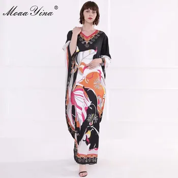 MoaaYina Mados kilimo ir tūpimo Tako suknelė Pavasario Vasaros Moterų Suknelė su V-kaklo Batwing Rankovėmis Spausdinti Prarasti Maxi Suknelės