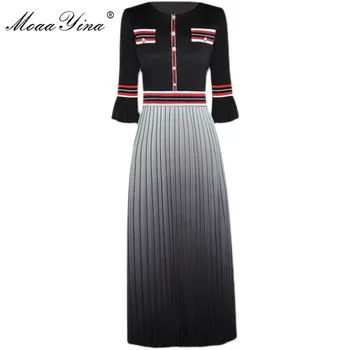 MoaaYina Vasarą Naujas Mados Dizaineris Elegantiškas, Vidutinio Ilgio Suknelė Moterims Mezgimo Sujungimas Plisuotos Vintage Suknelė