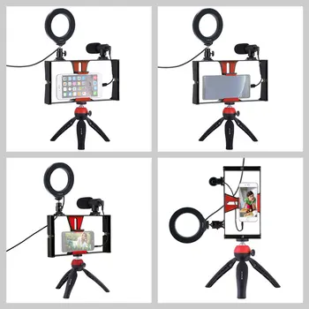 Mobiliojo Telefono Laikiklis Trikojo Mikrofonas Vlogging Įrenginys Mount LED Žiedo Apšvietimo Atramos Stovo Telefonas Fotografijos Reikmenys