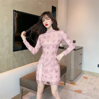 Modelis nekilnojamojo kulka 2020 naujas seksualus retro pagerinti Kinų stiliaus cheongsam plonas nėrinių suknelė ilgomis rankovėmis