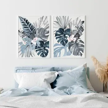 Modernus Gėlių Lapų Drobės Tapybos Atogrąžų Blue Palm Sienos Meno Spaudiniai Nuotrauka už Kambarį Miegamųjų Namo Apdaila, be Rėmelio