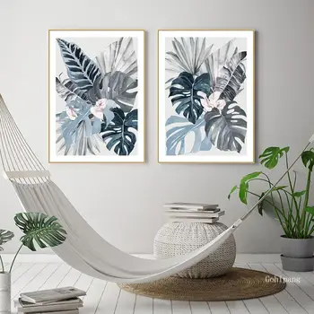 Modernus Gėlių Lapų Drobės Tapybos Atogrąžų Blue Palm Sienos Meno Spaudiniai Nuotrauka už Kambarį Miegamųjų Namo Apdaila, be Rėmelio