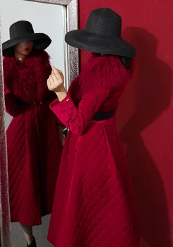 Modphy 2020 m. Žiemos Naujas Moterų Aksomo, Vidutinio Ilgio Kailis Seksualus Klubas Šalies Kailio V-Kaklo Raudona ilgomis Rankovėmis Diržas-Line Elegantiškas Paltas