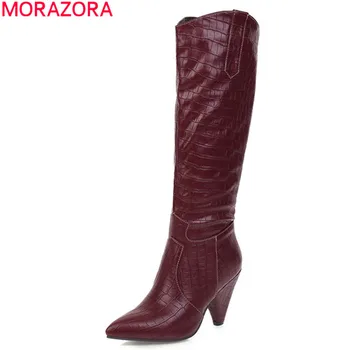 MORAZORA 2020 didelis dydis 35-47 mados kelio ilgi batai vientisos spalvos žiemą laikyti šiltai vakarų batai pu oda moterų batai