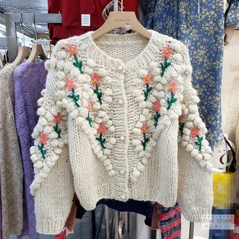 Moterims Megztiniai Rudens Žiemos viršutinių drabužių siuvimas Rankų darbo Megztinis Mezgimo Nėrimo susagstomi megztiniai Gėlių Siuvinėjimas korėjos prarasti Striukė LT686S50