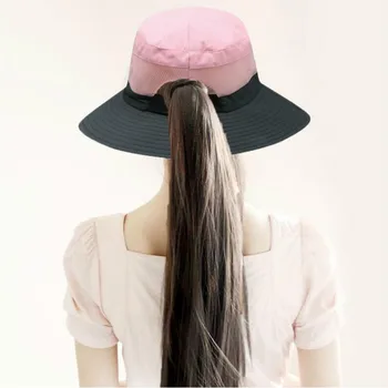 Moteris masto kraštų kibiro kepurę bžūp plaukai surišti į uodegą didelis kraštų žvejų saulės skrybėlę su styginių lauko sporto vasaros moterų paplūdimio skrybėlę panama