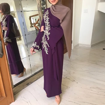 Moteris Musulmonų Dubajus Abaja Blyksnius Ilgomis Rankovėmis Maxi Suknelė Gėlių Nėrinių Duobute Kratinys Turkija Hijab Skraiste Kaftan Artimuosiuose Rytuose Islamo