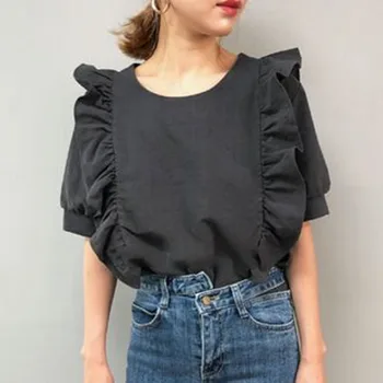 Moteris, Trumpos Pynimas Rankovės Palaidinė Korėjos Japonija Retro Round-Collar Kietas Slim Marškiniai, Elegantiškas, Prašmatnus Vintage Laisvalaikio Drabužių Viršų