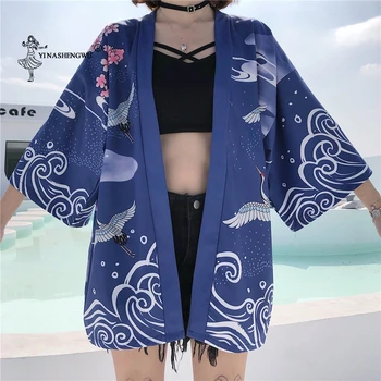 Moteriški Kimono Krano Spausdinti Cardigan Japonų Drabužiai, Marškinėliai Haori Obi Yukata Moterų Paplūdimio Vasaros Kimono Viršus Moterų Cosplay Marškinėliai