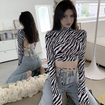 Moteriški Marškinėliai Leopard Zebra Atspausdintas T-Shirt Ponios Sexy Slim Backless ilgomis Rankovėmis Pusę-aukštos Apykaklės, Trumpi Marškinėliai Topai