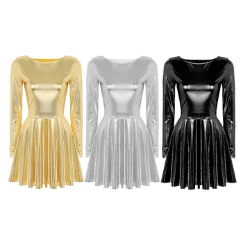 Moteriški Ponios Šokių Vakaras Paties Etape Kostiumai Dress Holografinis Metallic ilgomis Rankovėmis-line Mini Suknelė Femme Seksualus Clubwear