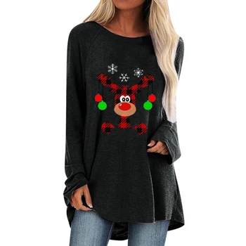 Moteriški Rudenį Viršūnės T-Shirt Apvalus Kaklas Kalėdų Mielas Elnias Spausdinti Prarasti ilgomis Rankovėmis Negabaritinių Marškinėliai Viduryje Ilgis S-5XL
