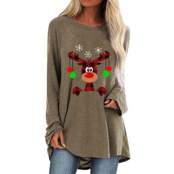 Moteriški Rudenį Viršūnės T-Shirt Apvalus Kaklas Kalėdų Mielas Elnias Spausdinti Prarasti ilgomis Rankovėmis Negabaritinių Marškinėliai Viduryje Ilgis S-5XL