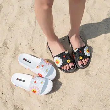 Moteriški Slip-On Open Toe Šlepetės Vasaros Skaidres Mielas Vaivorykštė Šypsosi Saulėgrąžų Spausdintinių Plokščių Namų Sandalai Beach Batai