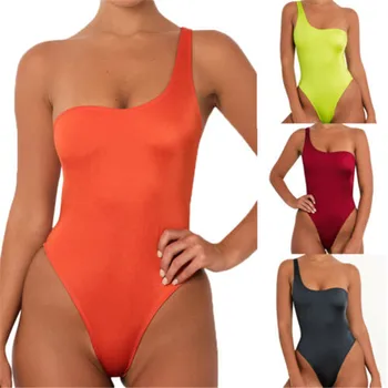 Moteriški vientisas maudymosi kostiumėlis Vasaros Pliažas Bikini Komplektas Ponios Monokini vientisos Spalvos Atostogų maudymosi Kostiumėliai, Vieną Petį Rankovių Keltą