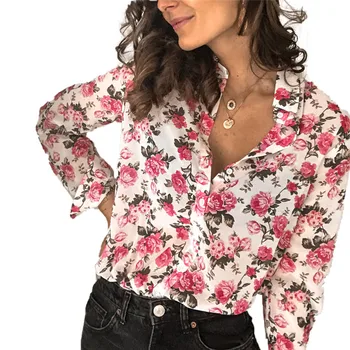 Moteriški Viršūnes ir Palaidinės 2020 Metų Vasaros Gėlių Spausdinti Šifono Palaidinė ilgomis Rankovėmis Pasukite Žemyn Apykaklės Office Marškinėliai Blusas Mujer Plius Dydis