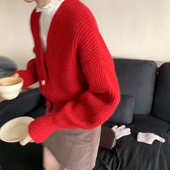 Moterys pavasarį, rudenį vientisos spalvos žibinto rankovėmis megztiniai susagstomi megztiniai Megztinis kailis Moterų raudonas megztinis susagstomi megztiniai moteriški paltai (X1232