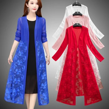Moterys, susagstomi megztiniai Ilgai Kimonos Vasaros ilgomis Rankovėmis apsaugos nuo Saulės Nėrinių Gėlių Ilgi Paltai Plius Dydis XL~4XL 5XL Atsitiktinis Lady Cardigan