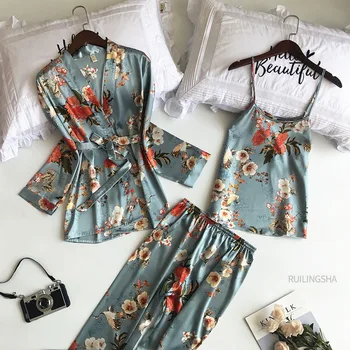 Moterys Vasarą 3 Gabalus Mantija Rinkiniai Dirbtiniais Šilko Gėlių Spausdinti Kimono Pijamas Plius Dydžio Seksualus Nightgowns Sleepshirts Moteris Sleepwear Rinkiniai