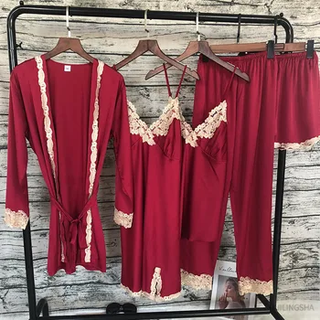 Moterys Vasarą Dirbtiniais Šilko 5VNT Mantija Rinkiniai Nėriniai Siuvinėjimo Satino Lounge Nustatyti Plius Dydžio Seksualus Kimono Nightgowns Sleepshirts Miego Viršūnės