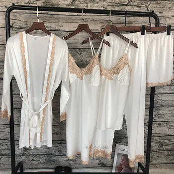 Moterys Vasarą Dirbtiniais Šilko 5VNT Mantija Rinkiniai Nėriniai Siuvinėjimo Satino Lounge Nustatyti Plius Dydžio Seksualus Kimono Nightgowns Sleepshirts Miego Viršūnės