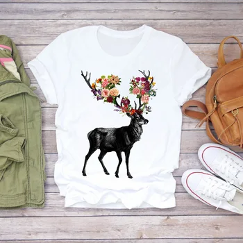 Moterys Vasarą Elniai Gyvūnų Kalėdinė Lady Mados Spausdinti marškinėliai Top Marškinėliai Moteriški Vyriški Grafinis Moterų Tee Marškinėliai