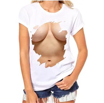 Moterys Vasarą Kietas Viršūnes Atsitiktinis 3D Krūtinės Spausdinti Trumpas Rankovės O-kaklo marškinėliai Seksuali Krūties Dizainas Spausdinti Marškinėliai