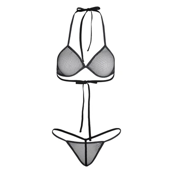 Moterų apatinis Trikotažas žvejybos tinklas Žr.-per Bikini Liemenėlė Viršų su Atitikimo G-string Nustatyti Apatiniai Babydoll Sleepwear naktiniai drabužiai