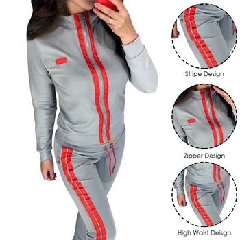Moterų Atsitiktinis 2vnt Komplektus Dryžuotas Bodycon Sweatsuits sportiniai Kostiumai Nustatyti ilgomis Rankovėmis Viršūnes Kelnes Spotrts Nustatyti Komplektus 2019