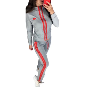 Moterų Atsitiktinis 2vnt Komplektus Dryžuotas Bodycon Sweatsuits sportiniai Kostiumai Nustatyti ilgomis Rankovėmis Viršūnes Kelnes Spotrts Nustatyti Komplektus 2019