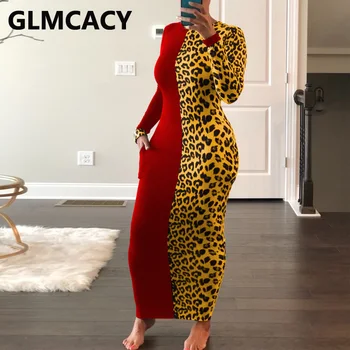 Moterų Atsitiktinis Ilgomis Rankovėmis Suknelė Leopard Colorblock Slim Maxi Suknelės