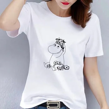 Moterų Atsitiktinis Ropa Mujer Kawaii Grafinis T-shirt Plussize Juokingas Animacinių filmų Moomin Vasaros marškinėlių Mada Gana Viršūnes Tees