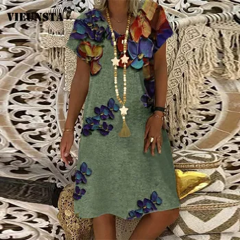 Moterų Atsitiktinis V-kaklo trumpomis Rankovėmis Vasaros Suknelė Vintage Elegantiškas Gėlių Spausdinti Šalis Suknelė 2021 M. Pavasario Plius Dydis Kelio Suknelė Vestidos