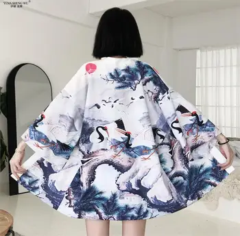 Moterų Baltoji Gervė Kimonos Japonijos Drabužius Kimono Megztinis Viršūnes Cosplay Mens Yukata Moterų Vasaros Atsitiktinis Paplūdimio Marškinėliai Palaidinė