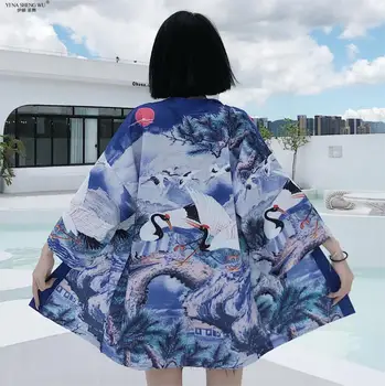 Moterų Baltoji Gervė Kimonos Japonijos Drabužius Kimono Megztinis Viršūnes Cosplay Mens Yukata Moterų Vasaros Atsitiktinis Paplūdimio Marškinėliai Palaidinė
