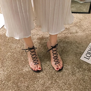 Moterų batai, sandalai 2019 naujas vasaros bauda su skaidraus plastiko kryžiaus dirželiai asmenybės pasakų aukšti kulniukai Romos batai