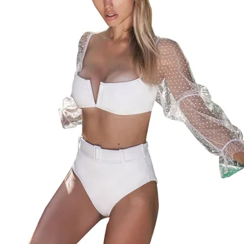 Moterų Bikinio 2020 Balta Sluoksniuotos Rankovėmis Bikini Dviejų Dalių Aukštos Juosmens Maudymosi Kostiumėlį Polka Dot Spausdinti Plaukimo Kostiumas Moterims Paplūdimio Drabužiai
