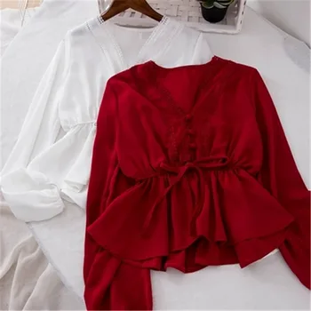 Moterų bohemijos marškinėliai moteriška rudens-pavasario korėjos stiliaus v-kaklo, ilgomis rankovėmis balta raudona juoda palaidinė blusa PZ1254