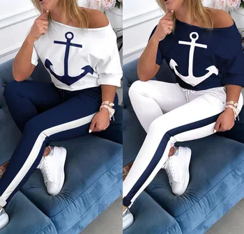 Moterų Dviejų dalių Atitikimo Rinkiniai trumparankoviai marškinėliai Navy Sportinis Kostiumas Inkaro Spausdinti Dviejų dalių Komplektas Viršaus ir Kelnės Sweatsuits