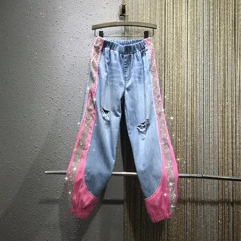 Moterų Džinsus blizgučiais rožinė kratinys Elastinga juosmens, palaidi haremas pupelių kojų džinsus mergina džinsinio ziajać
