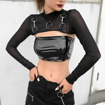 Moterų Gotikos Seksualus Papildomų Trumpų marškinėlių Akių ilgomis Rankovėmis Streetwear Padengti Viršų Kieto Juoda Tees Naktinis Klubas Cool Marškinėlius Karšto Pardavimo